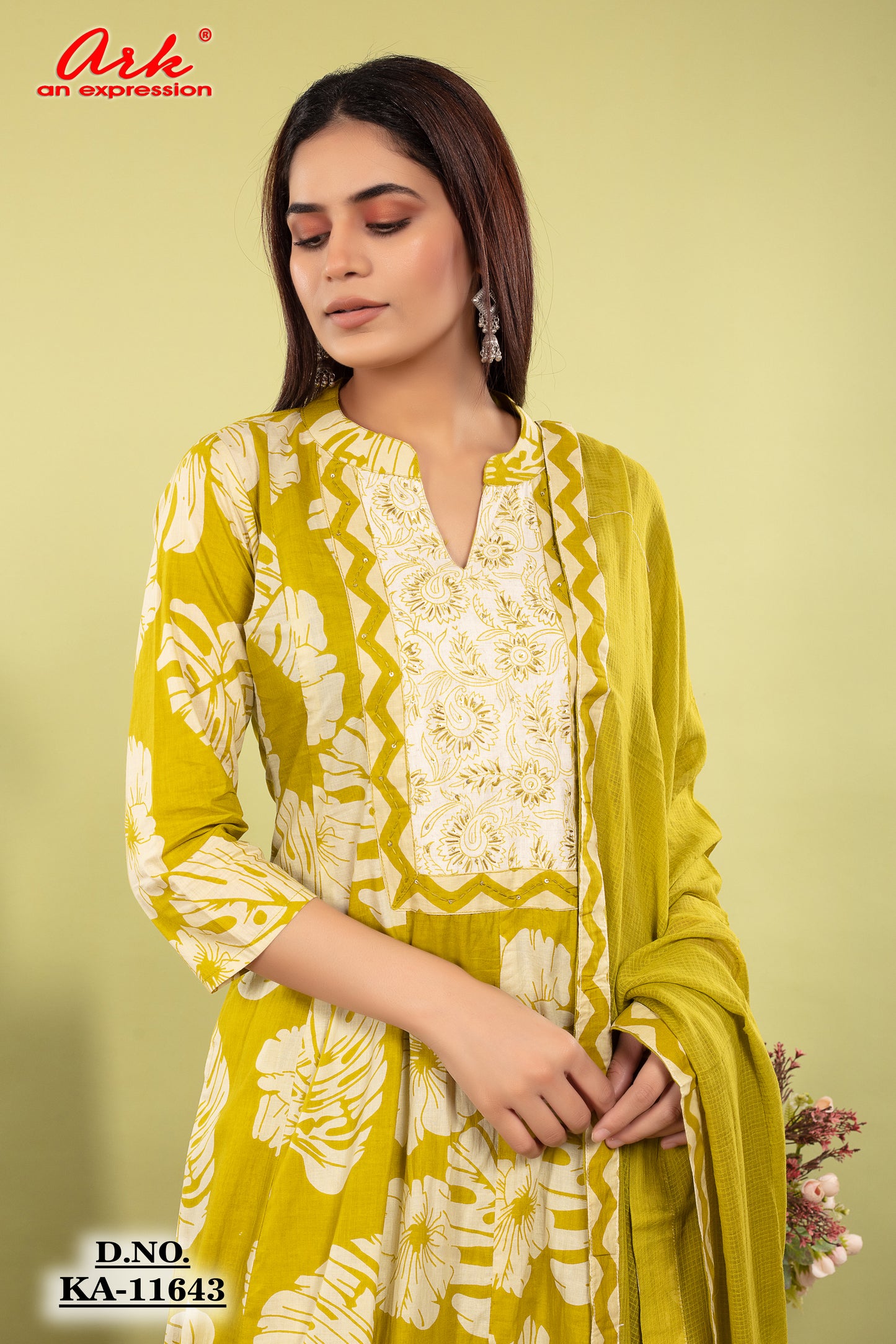 Green Cotton Anarkali Suit Dupatta Set with Kota Doriya | Label Anju Kumar