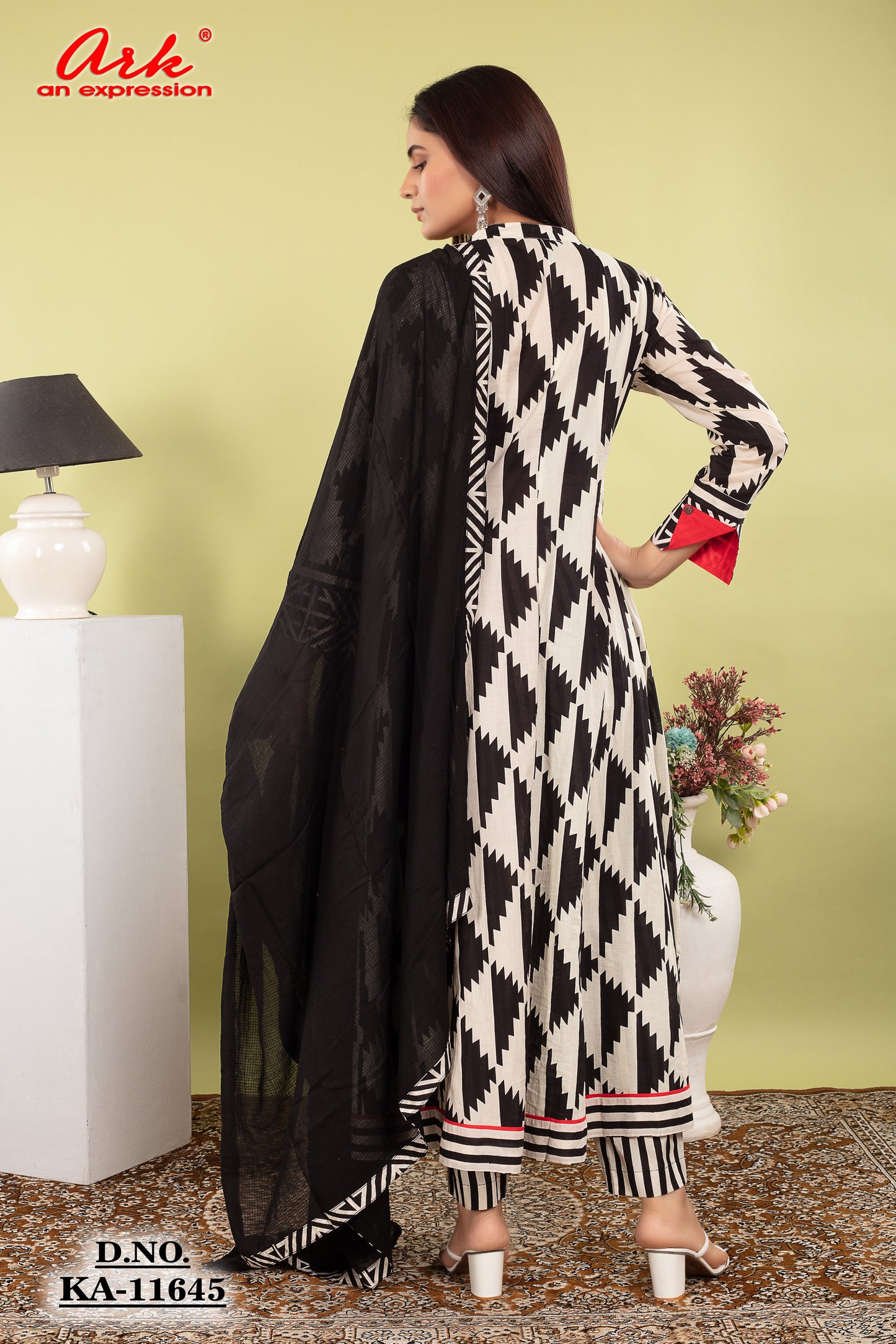 White–Black Print Pure Cotton Anarkali Suit Dupatta Set with Kota Doriya | Label Anju Kumar