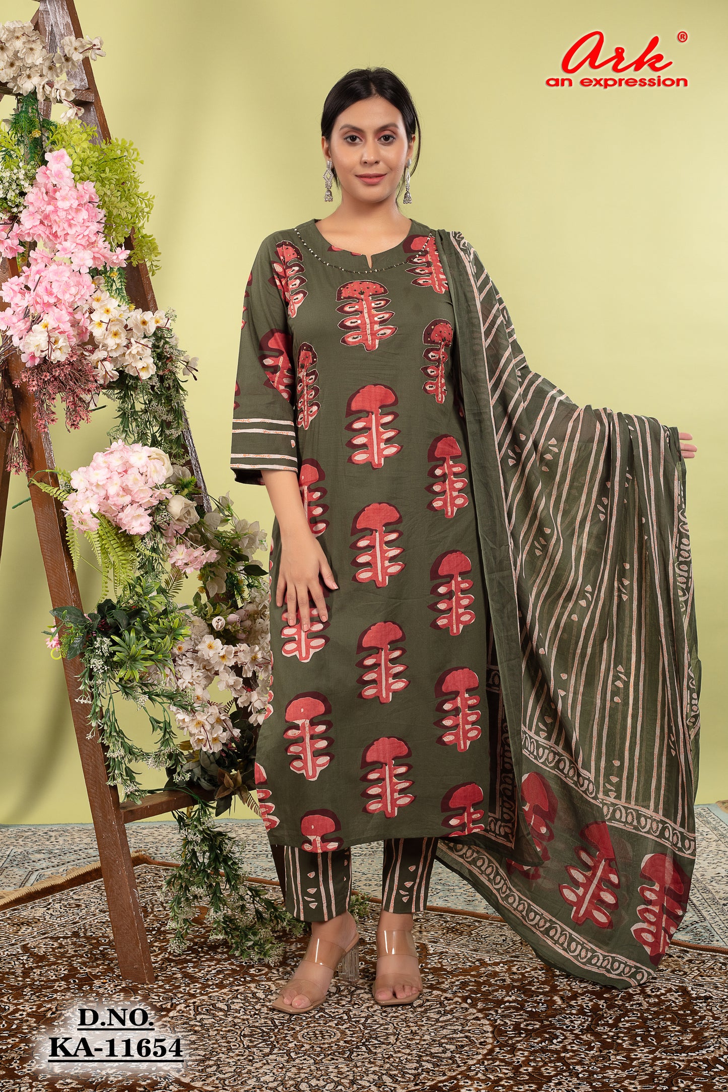 Green Pure Cotton Printed Straight Suit Dupatta Set with Highlight Work | Label Anju Kumar