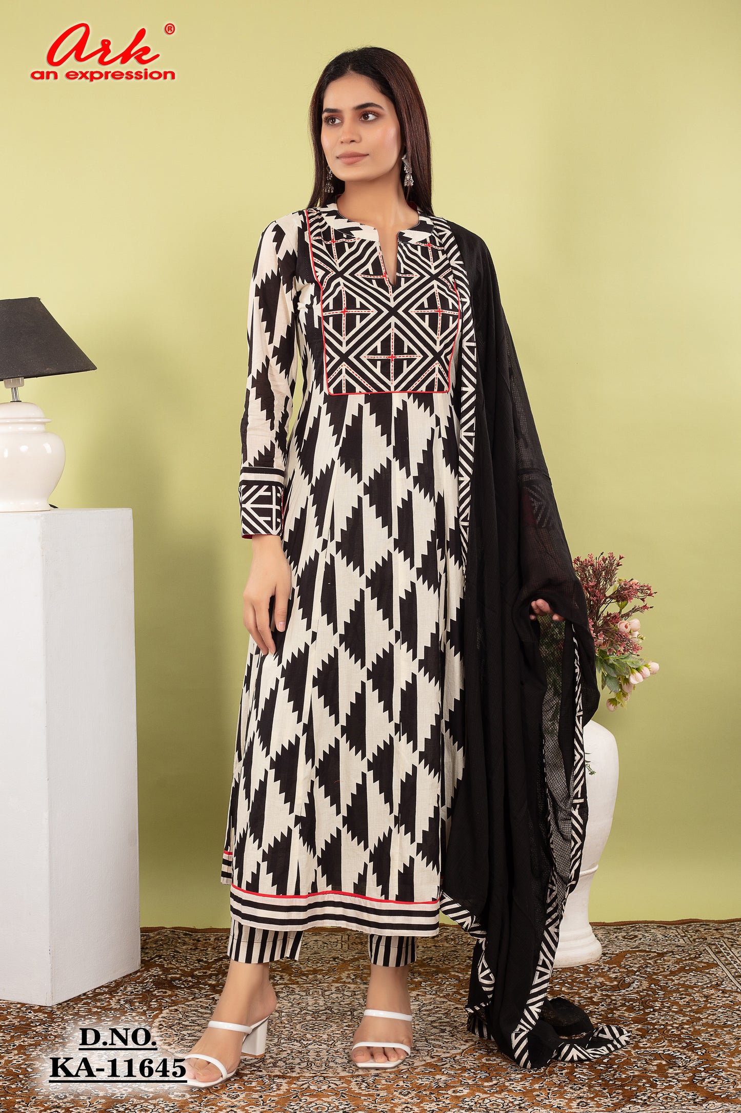 White–Black Print Pure Cotton Anarkali Suit Dupatta Set with Kota Doriya | Label Anju Kumar