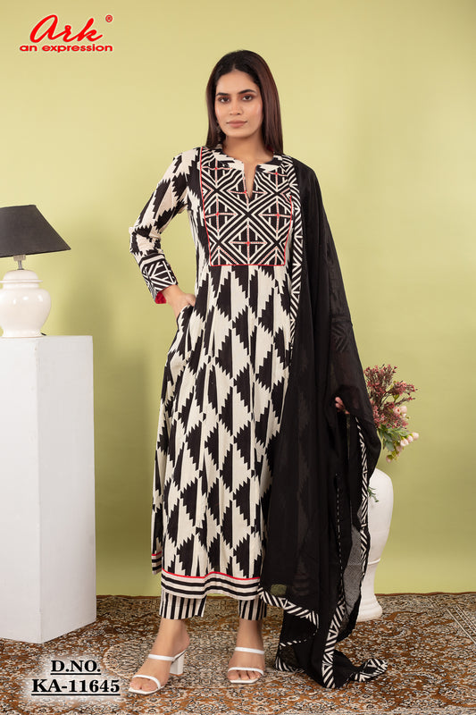 White–Black Print Pure Cotton Anarkali Suit Dupatta Set with Kota Doriya | Label Anju Kumar