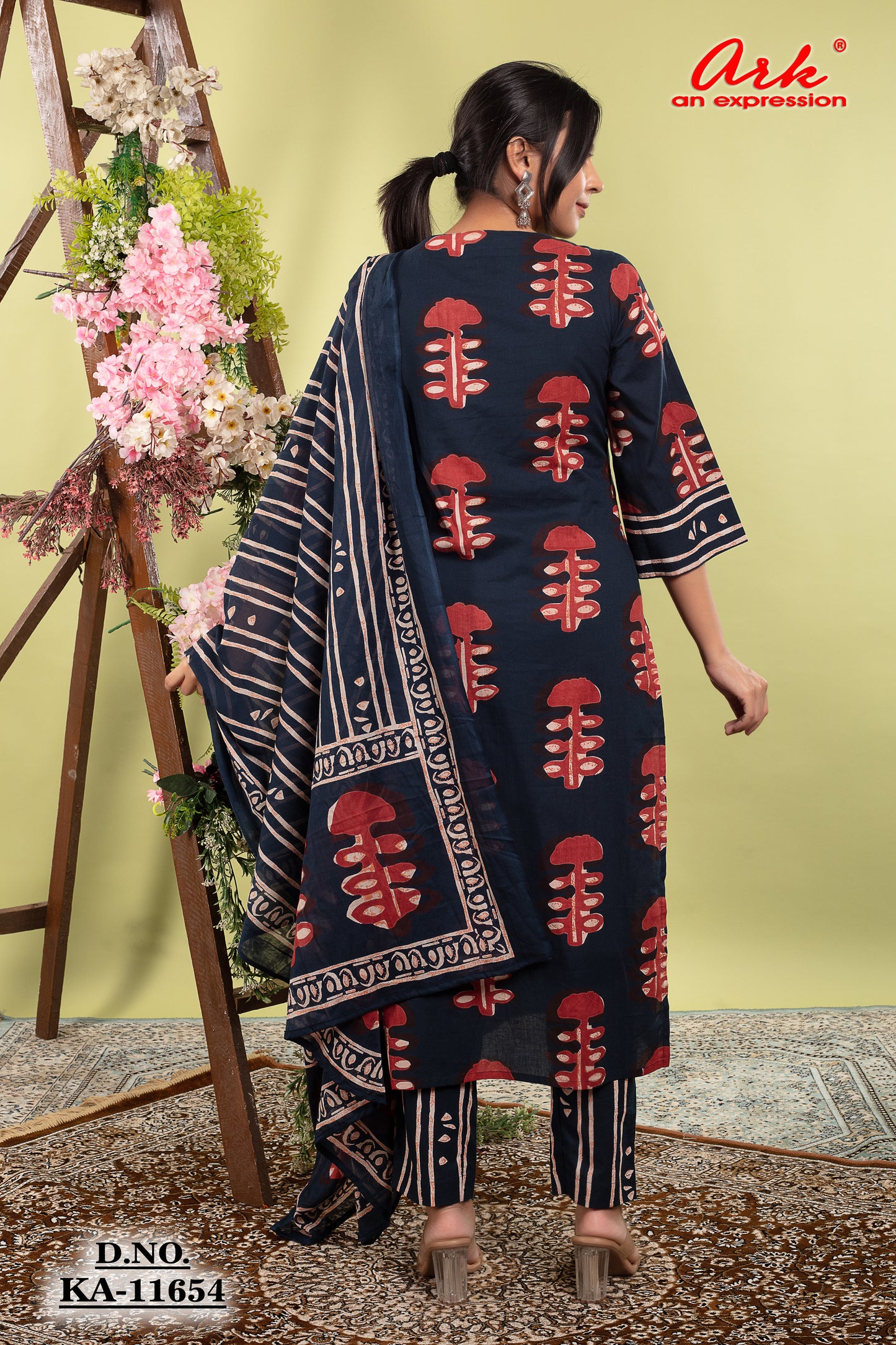 Navy Pure Cotton Printed Straight Suit Dupatta Set with Highlight Work | Label Anju Kumar