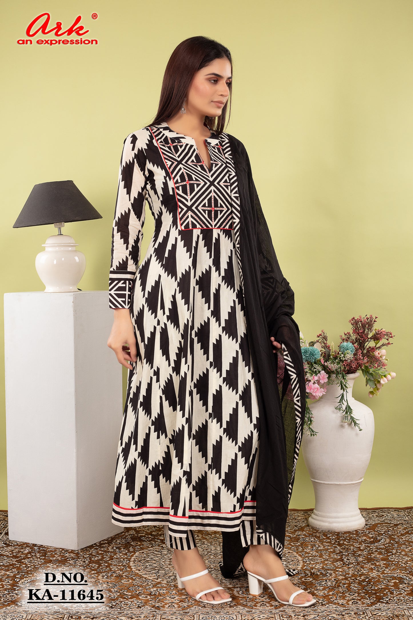 White–Black Print Pure Cotton Anarkali Suit Dupatta Set with Kota Doriya | Label Anju Kumar