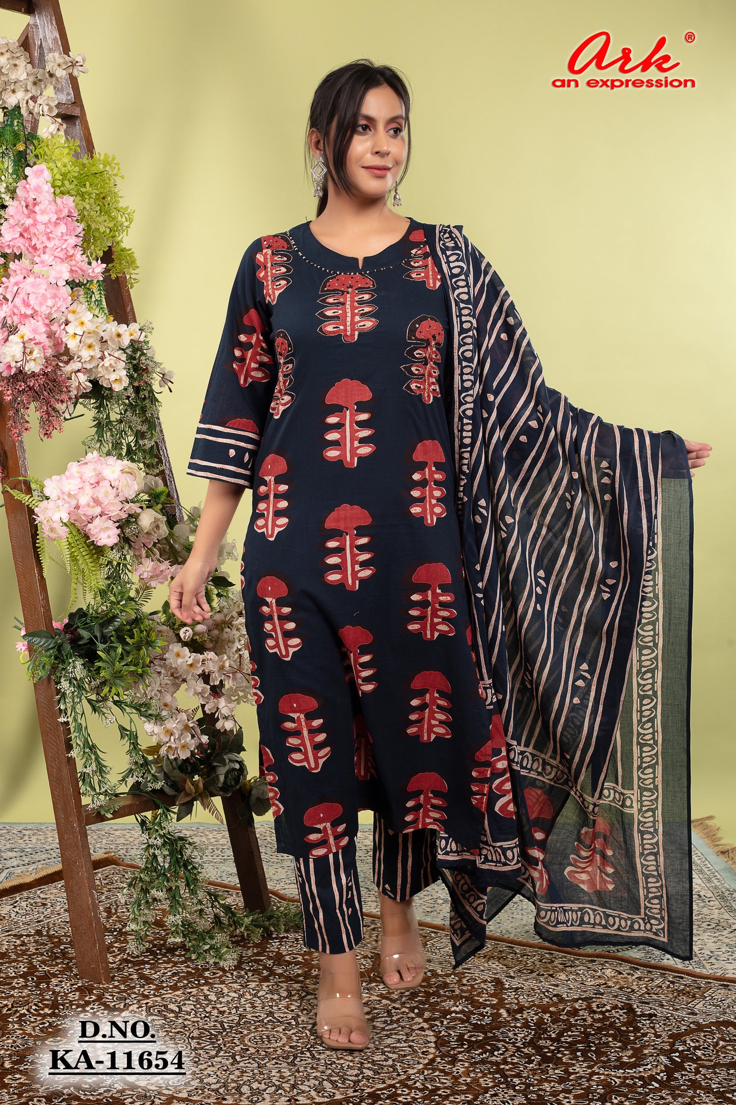 Navy Pure Cotton Printed Straight Suit Dupatta Set with Highlight Work | Label Anju Kumar
