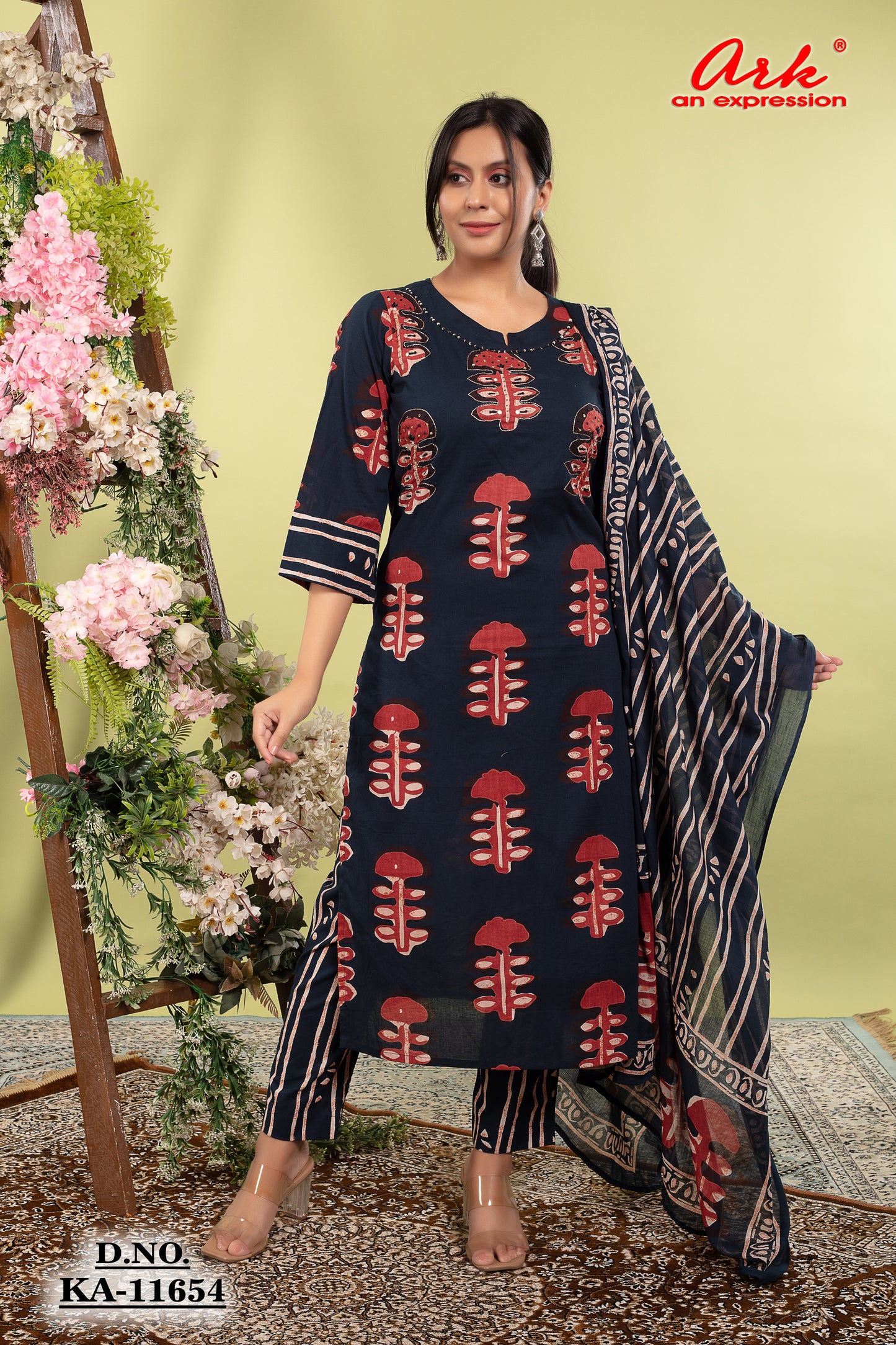 Navy Pure Cotton Printed Straight Suit Dupatta Set with Highlight Work | Label Anju Kumar