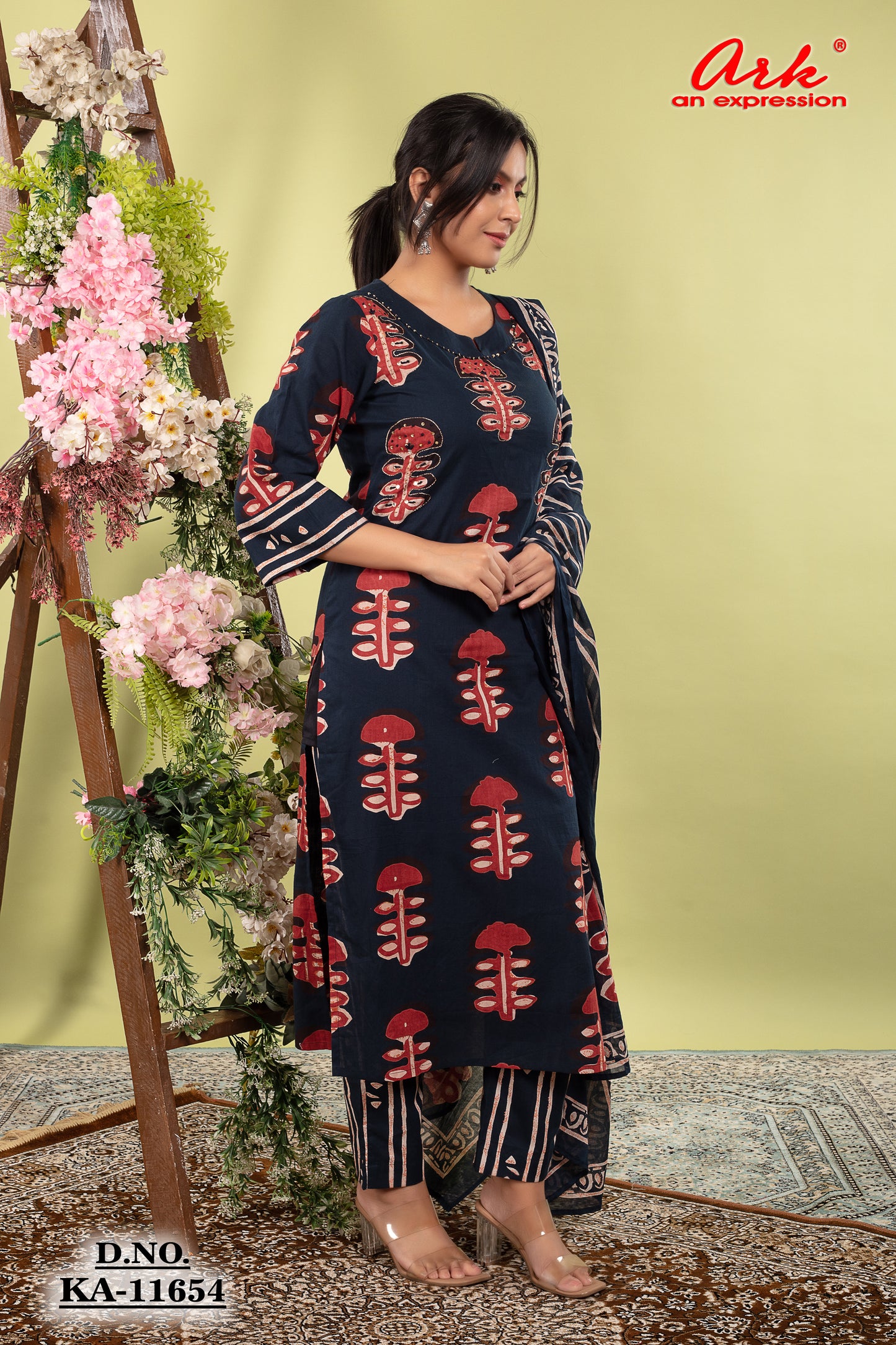 Navy Pure Cotton Printed Straight Suit Dupatta Set with Highlight Work | Label Anju Kumar