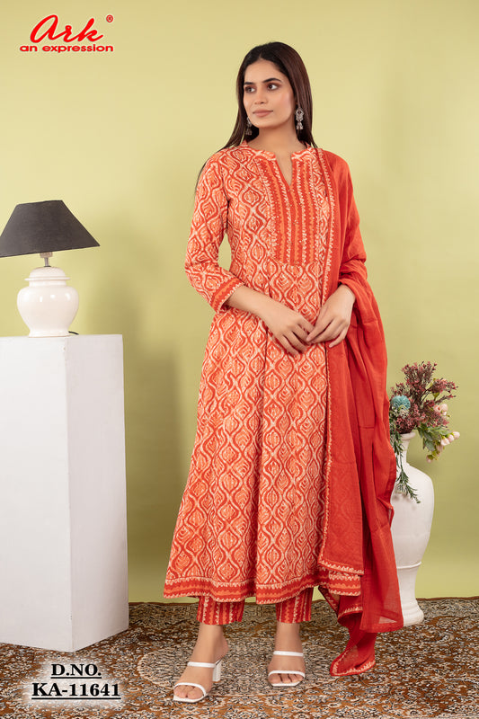 Orange Rust Pure Cotton Anarkali Suit Dupatta Set | Label Anju Kumar