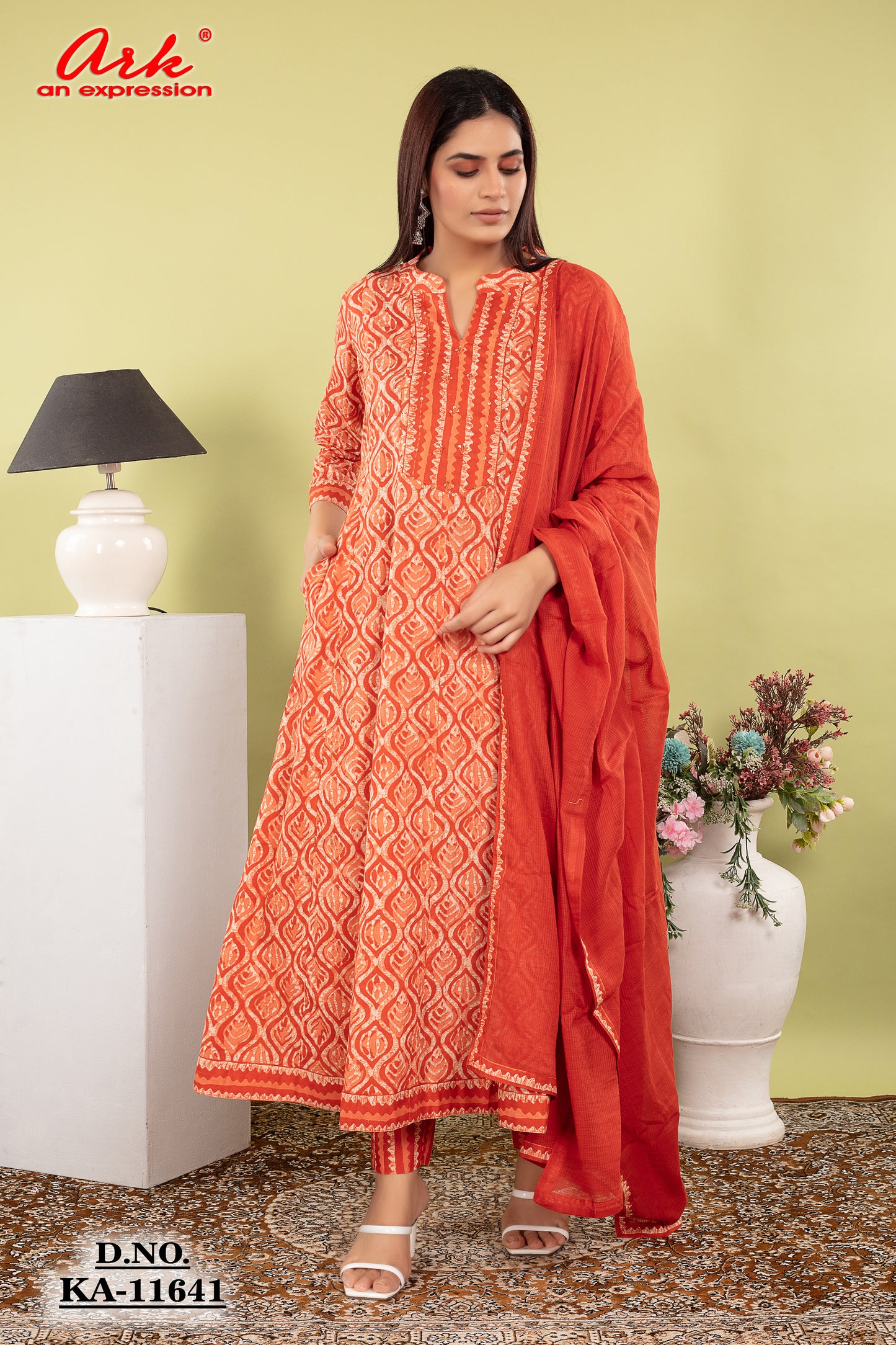 Orange Rust Pure Cotton Anarkali Suit Dupatta Set | Label Anju Kumar