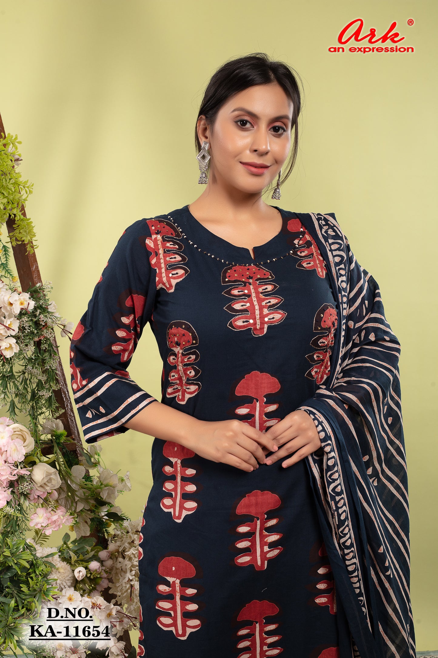 Navy Pure Cotton Printed Straight Suit Dupatta Set with Highlight Work | Label Anju Kumar