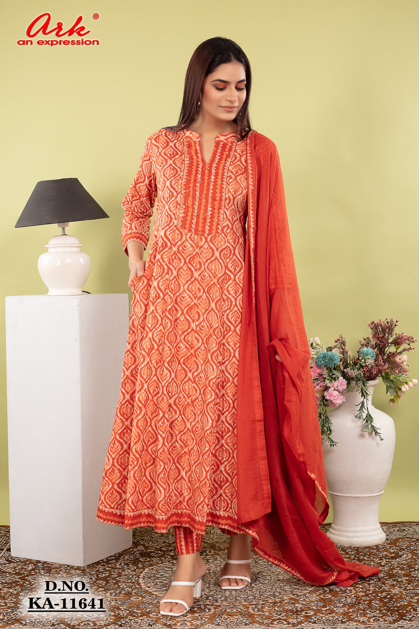 Orange Rust Pure Cotton Anarkali Suit Dupatta Set | Label Anju Kumar