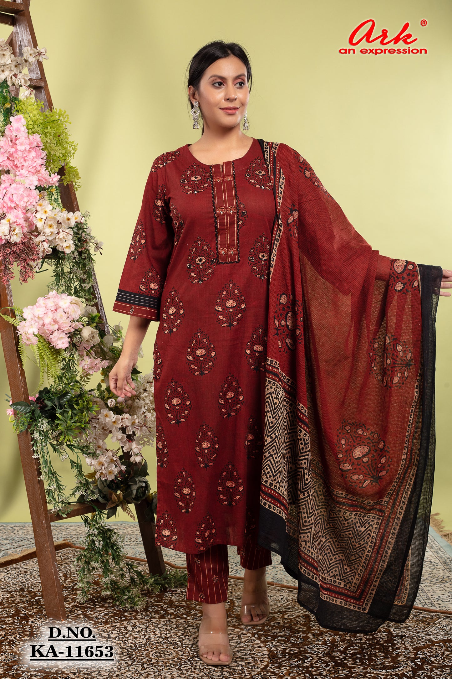 Rust Cotton Printed Straight Suit Dupatta Set with Highlight Work | Label Anju Kumar