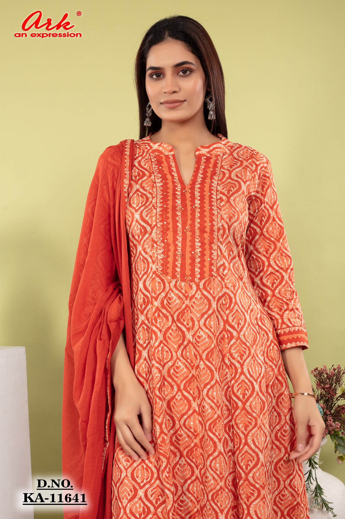 Orange Rust Pure Cotton Anarkali Suit Dupatta Set | Label Anju Kumar