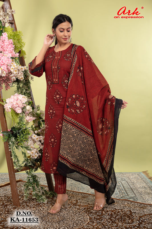 Rust Cotton Printed Straight Suit Dupatta Set with Highlight Work | Label Anju Kumar