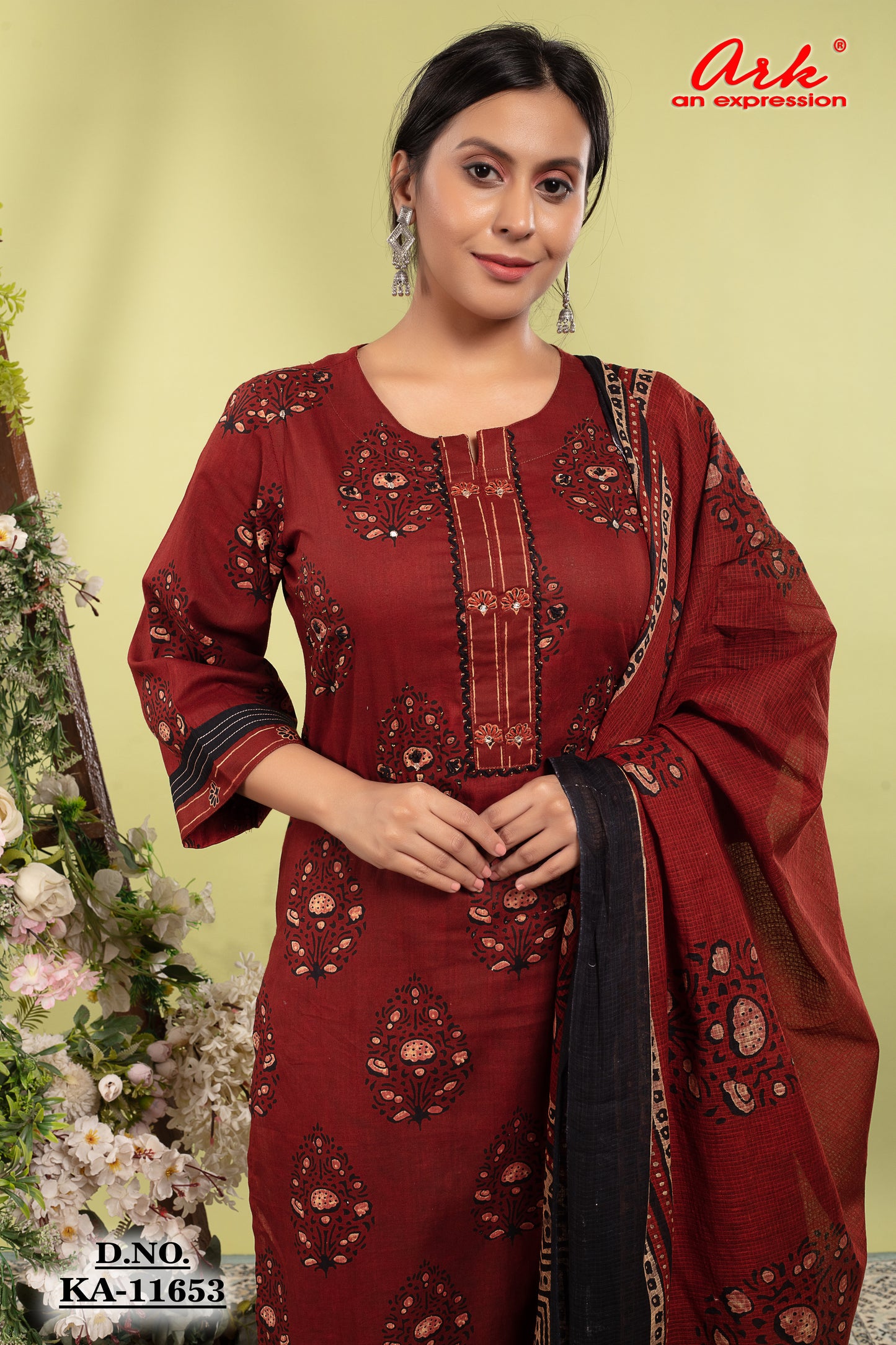 Rust Cotton Printed Straight Suit Dupatta Set with Highlight Work | Label Anju Kumar