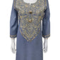 Light Denim Blue Cotton Lilen Long Kurti Dress – Kaftan Style with Embroidery & Lace Detailing