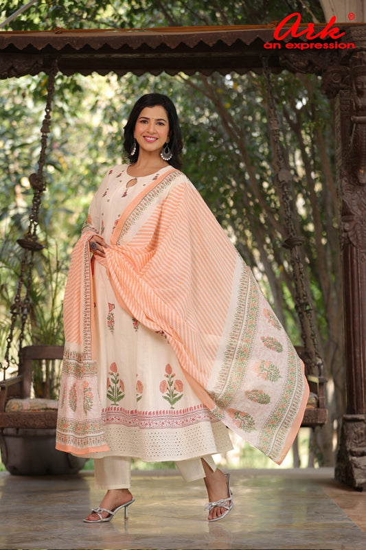 Offwhite Peach Hand Block Printed Cotton Anarkali Suit with Kota Dupatta – Women’s Ethnic Wear (M to 3XL)