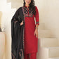Red Chanderi Cotton Straight Suit + Dupatta Set with Patchwork Embroidery | Label Anju Kumar