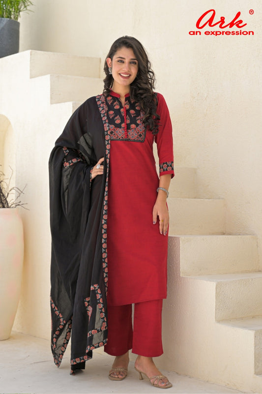 Red Chanderi Cotton Straight Suit + Dupatta Set with Patchwork Embroidery | Label Anju Kumar