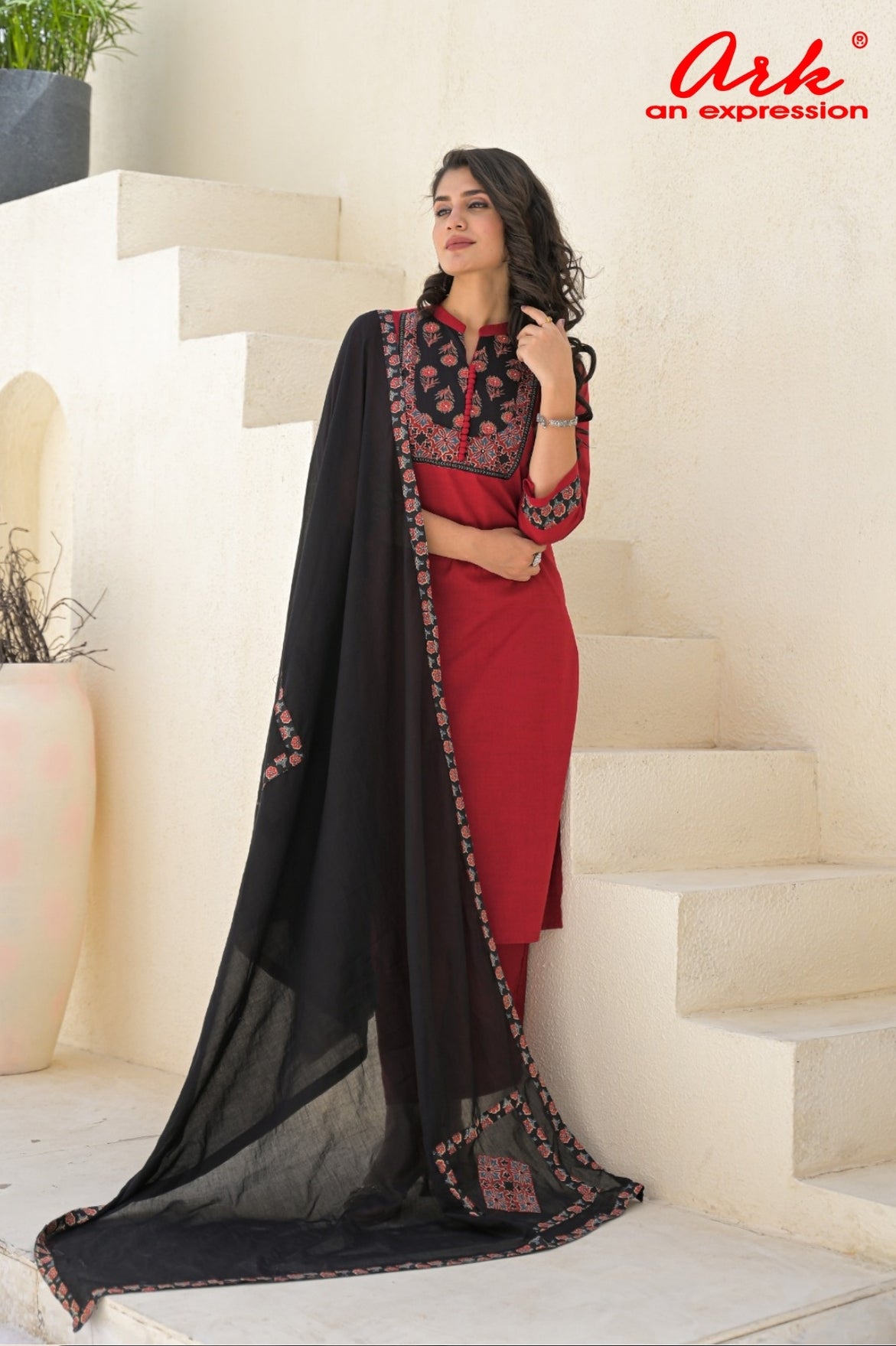 Red Chanderi Cotton Straight Suit + Dupatta Set with Patchwork Embroidery | Label Anju Kumar