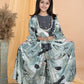 Green Printed Pure Muslin Fusion Crop Top & Gathered Palazzo Set for Girls