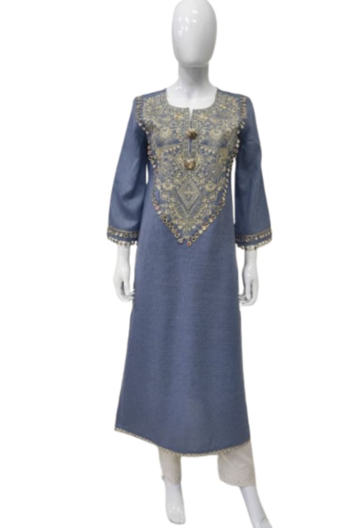 Light Denim Blue Cotton Lilen Long Kurti Dress – Kaftan Style with Embroidery & Lace Detailing