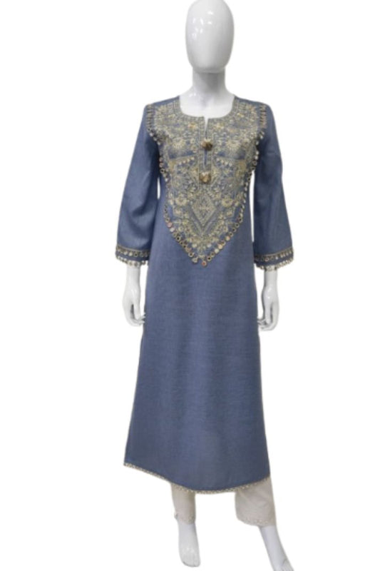 Light Denim Blue Cotton Lilen Long Kurti Dress – Kaftan Style with Embroidery & Lace Detailing