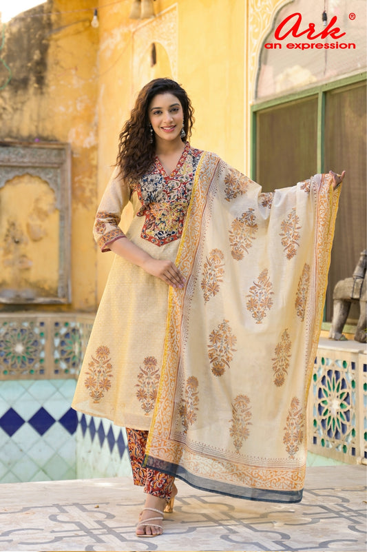 Beige Chanderi Suit Dupatta Set with Ajrak Patchwork & Printed Trouser – Festive & Semi-Formal Wear (M-3XL)