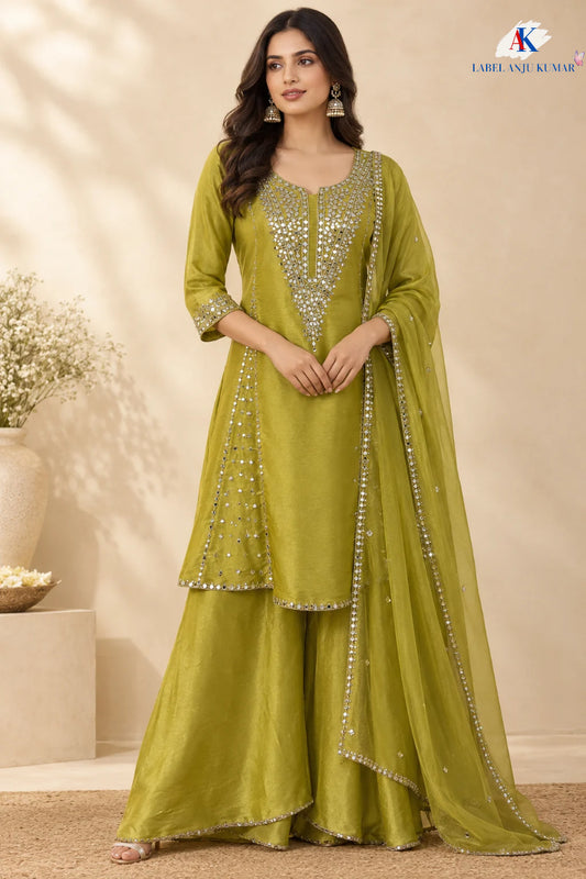Green, Rust & Off-White Ivory Shimmer Tissue A-Line Anarkali Suit with Sharara & Dupatta