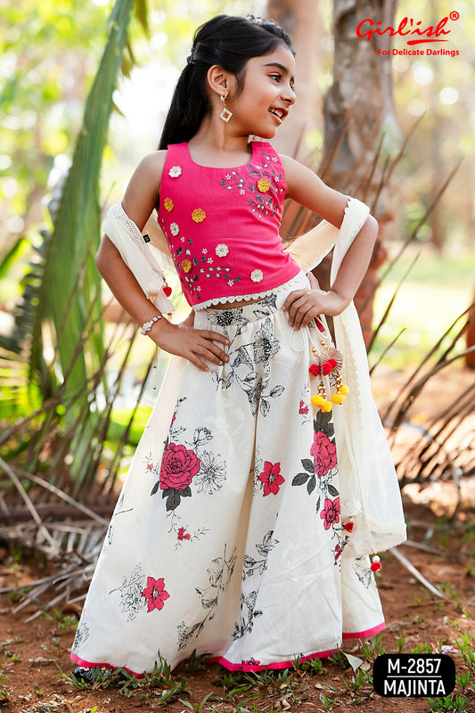 Gajri colour Cotton Choli with Off-White Printed Lehenga & Dupatta – Kids Ethnic Wear | Label Anju Kumar