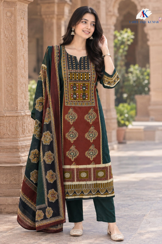 Bottle Green Pure Cotton Pakistani-Style A-Line Suit Set