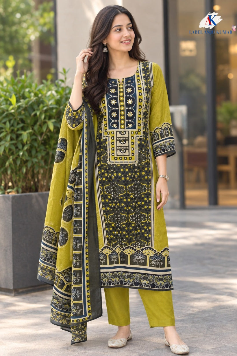 Green Pure Cotton A-Line Suit with Mirror Work & Dupatta