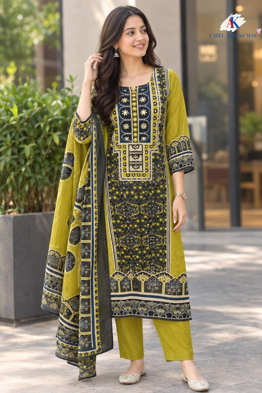 Green Pure Cotton A-Line Suit with Mirror Work & Dupatta