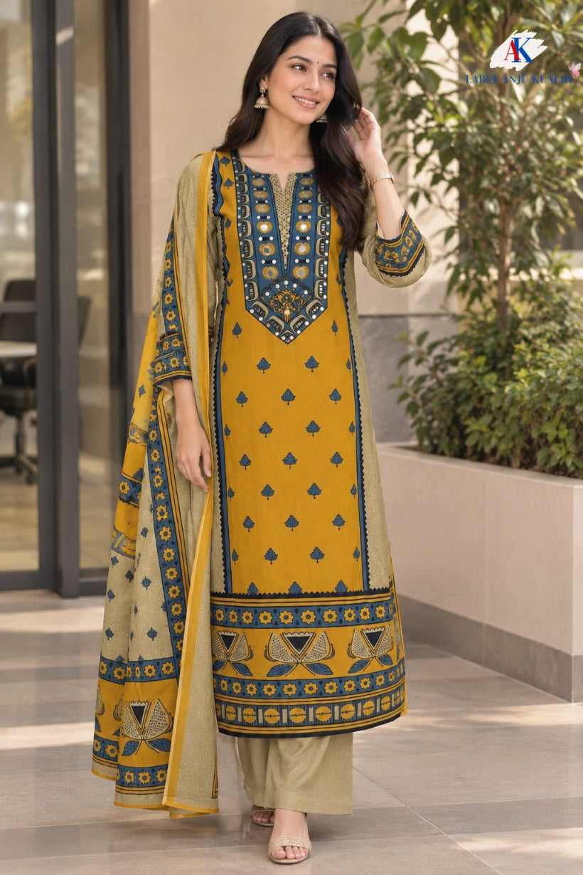 Beige Pure Cotton Pakistani-Style A-Line Suit with Mirror Work & Printed Dupatta
