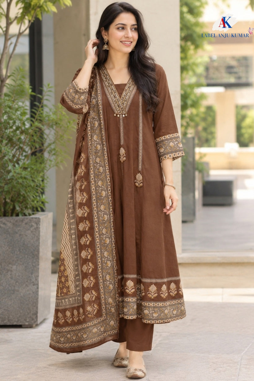 Brown Pure Cotton Anarkali Suit with Patchwork & Coordinated Cotton Dupatta