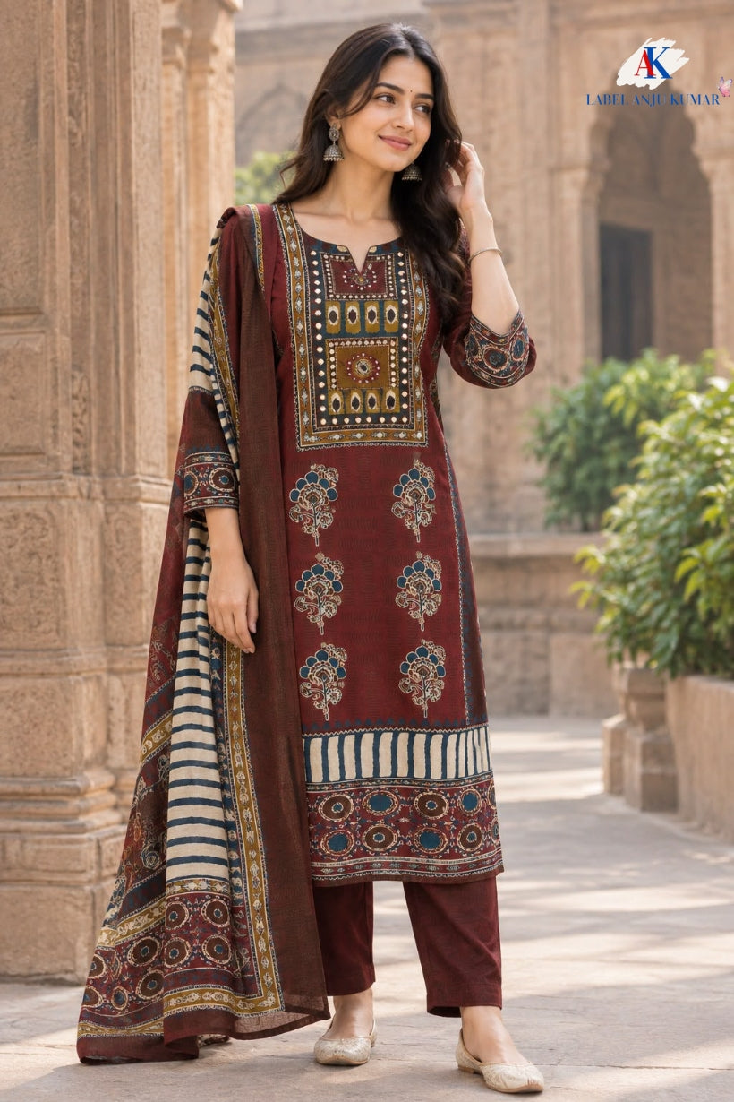 Brown Pure Cotton Pakistani-Style A-Line Suit with Mirror Work
