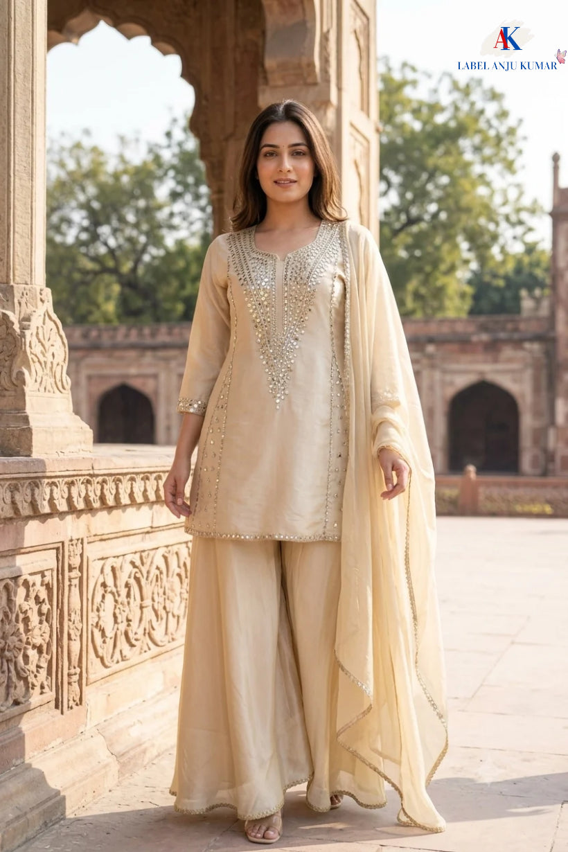 Green, Rust & Off-White Ivory Shimmer Tissue A-Line Anarkali Suit with Sharara & Dupatta