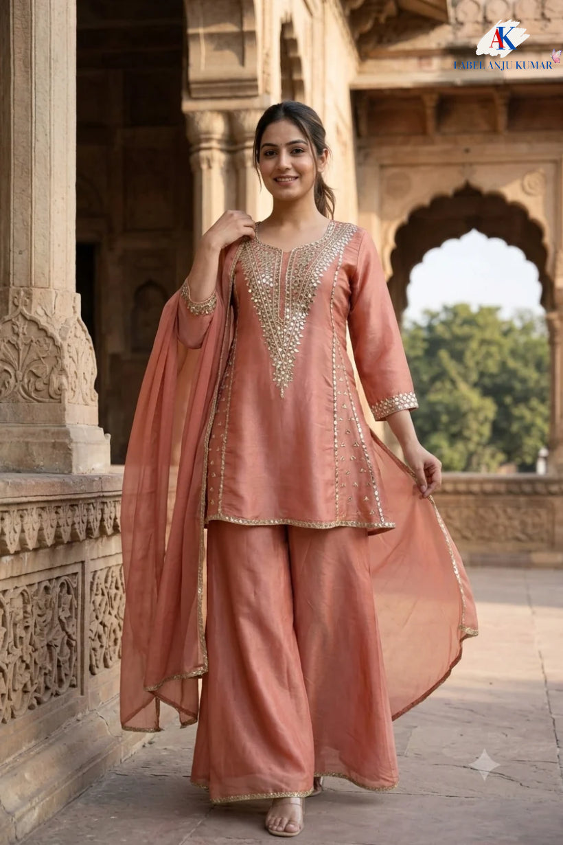 Green, Rust & Off-White Ivory Shimmer Tissue A-Line Anarkali Suit with Sharara & Dupatta