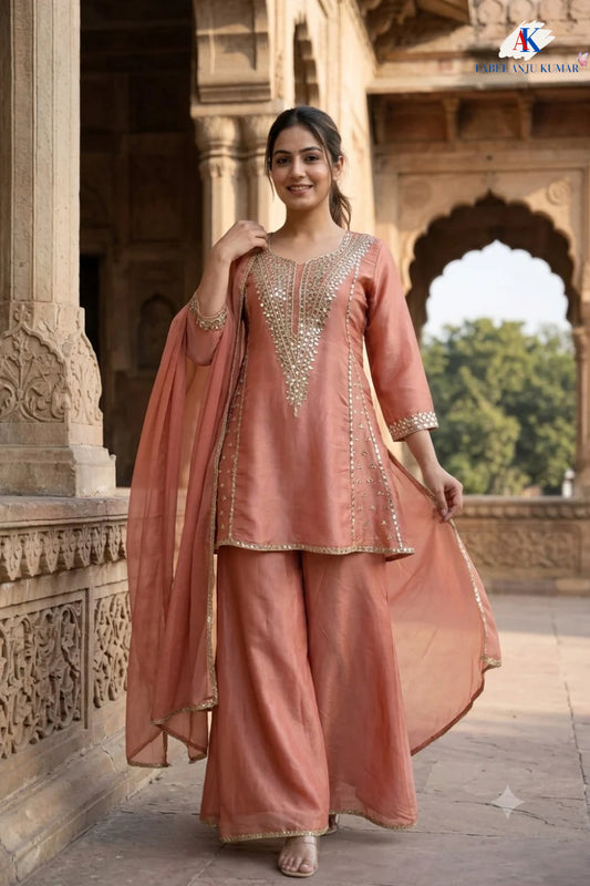 Green, Rust & Off-White Ivory Shimmer Tissue A-Line Anarkali Suit with Sharara & Dupatta