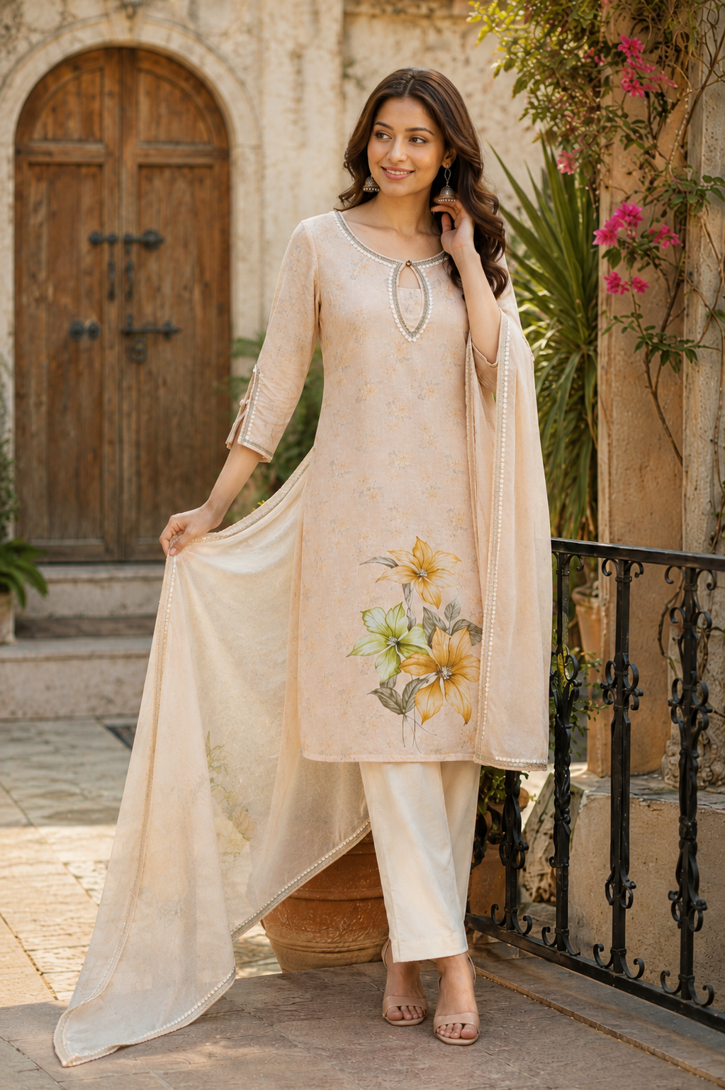 Peach Linen Digital Print Suit Dupatta Set with Lace Detailing
