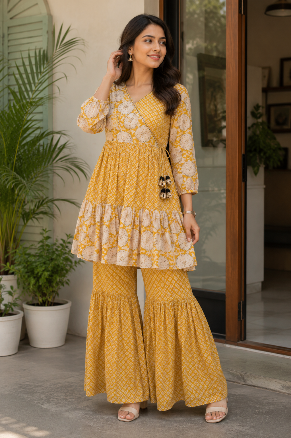 Mustard Muslin Angrakha Style Sharara Set with Dupatta – Semi Formal Women’s Ethnic Wear