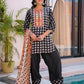 Black Pure Crepe Digital Print Suit with Mirror Work & Farshi Salwaar