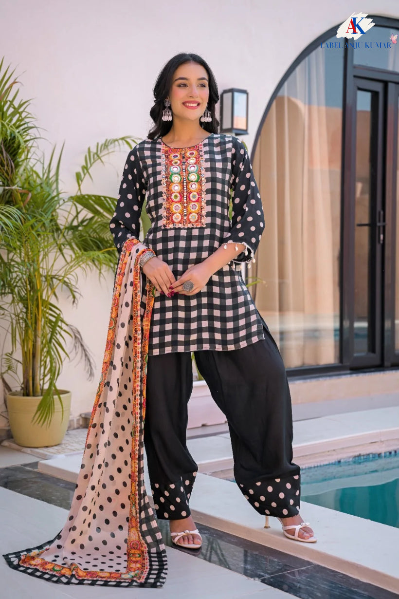 Black Pure Crepe Digital Print Suit with Mirror Work & Farshi Salwaar