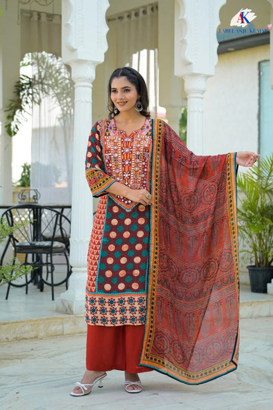 Rust Pure Crepe Digital Print Suit with Mirror Work, Straight Matching Trouser  & Chinon Dupatta