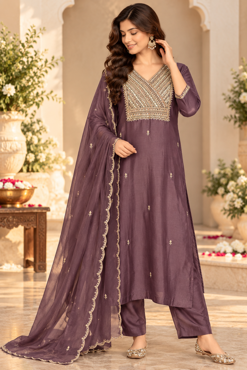 T-Blue, Wine & Brown Pure Dola Silk Semi-Formal Suit with Hand Thread & Zari Work