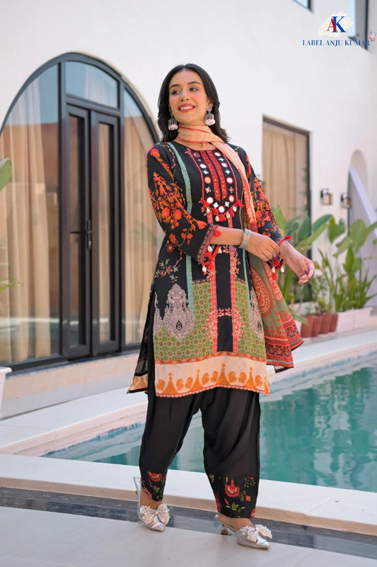 Black Pure Crepe Digital Print Suit with Mirror Work & Farshi Salwaar