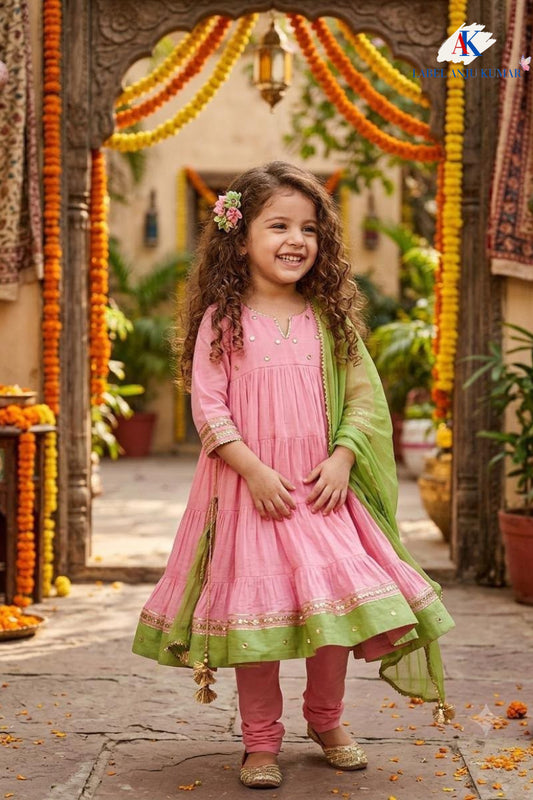 Yellow & Pink Frilly Anarkali Suit for Girls | Pure Crush Crepe Kids Ethnic Wear