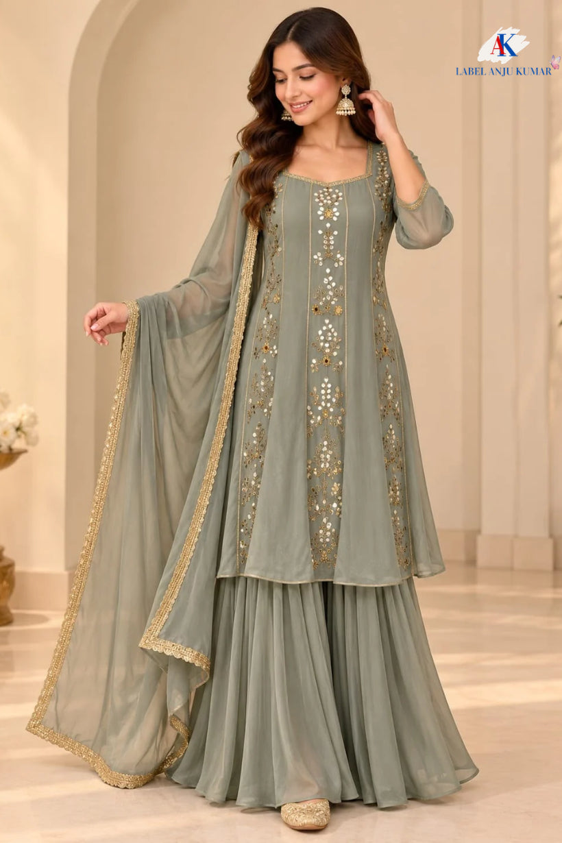 Mouse Pure Chinon Short Anarkali Suit with Sharara & Organza Dupatta