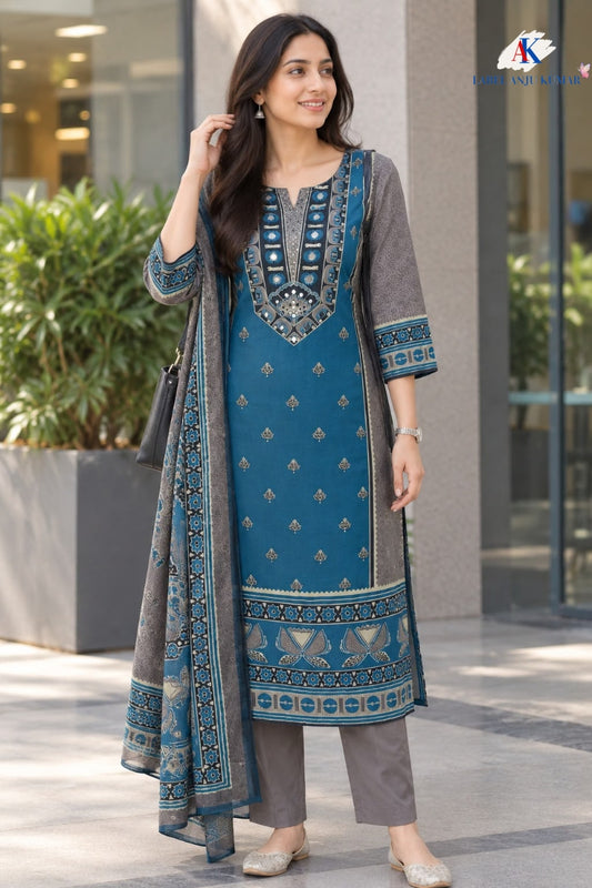 Grey Pure Cotton A-Line Suit with Mirror Work & Printed Dupatta