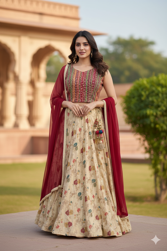 Beige Silk Thread-Embroidered Lehenga Choli Dupatta Set – Party Wear Women’s Ethnic Outfit