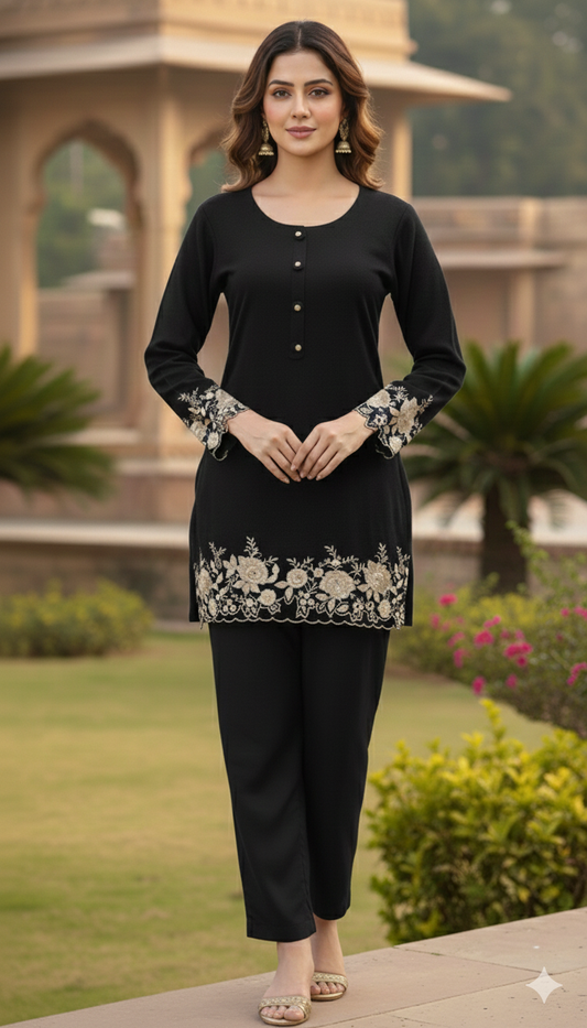 Woollen Coord Set with Thread Embroidery – Women’s Winter Wear | Label Anju Kumar